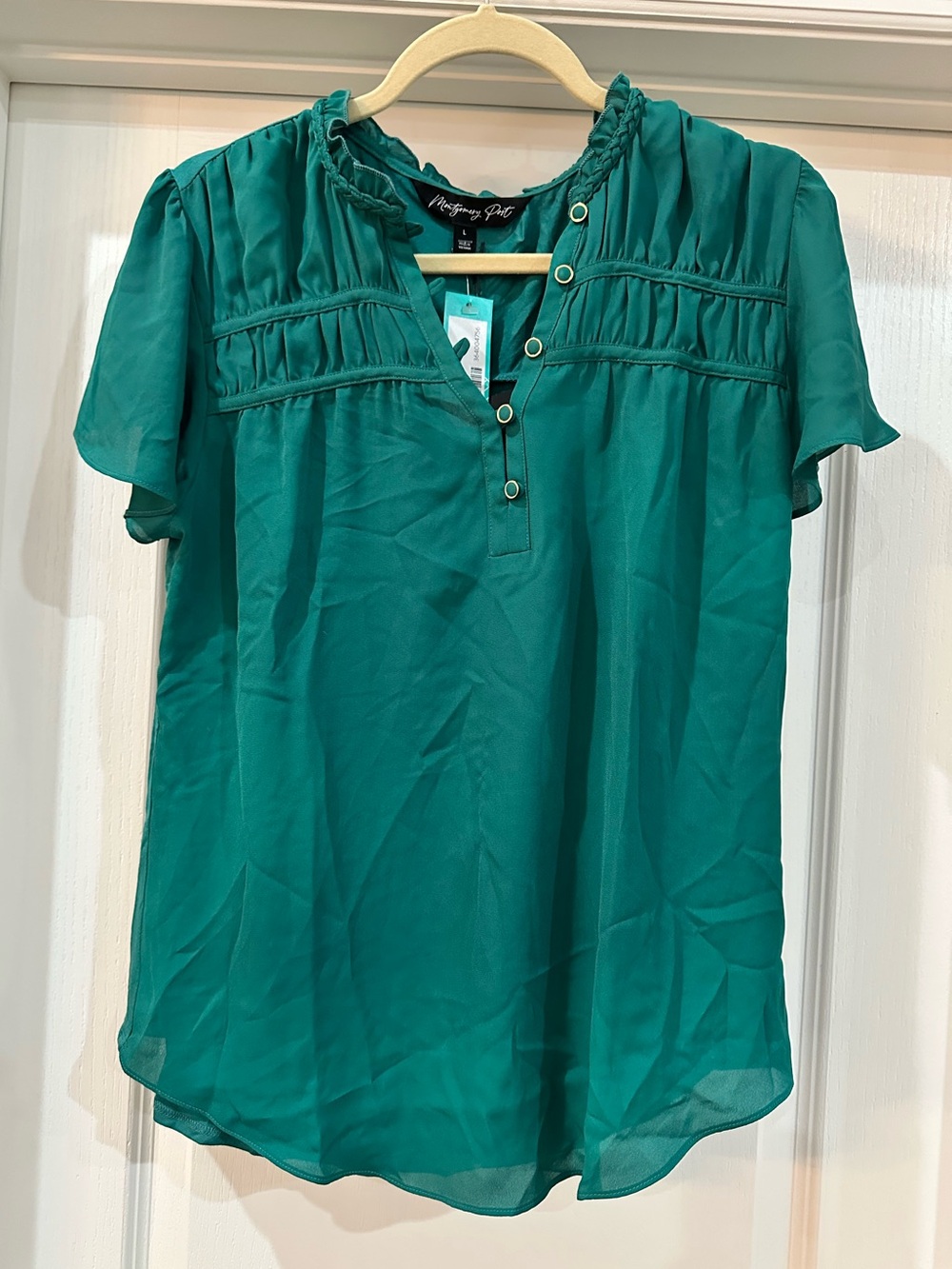 MONTGOMERY POST Alyson Mixed Media Blouse - Teal Green - L - Picture 1 of 5